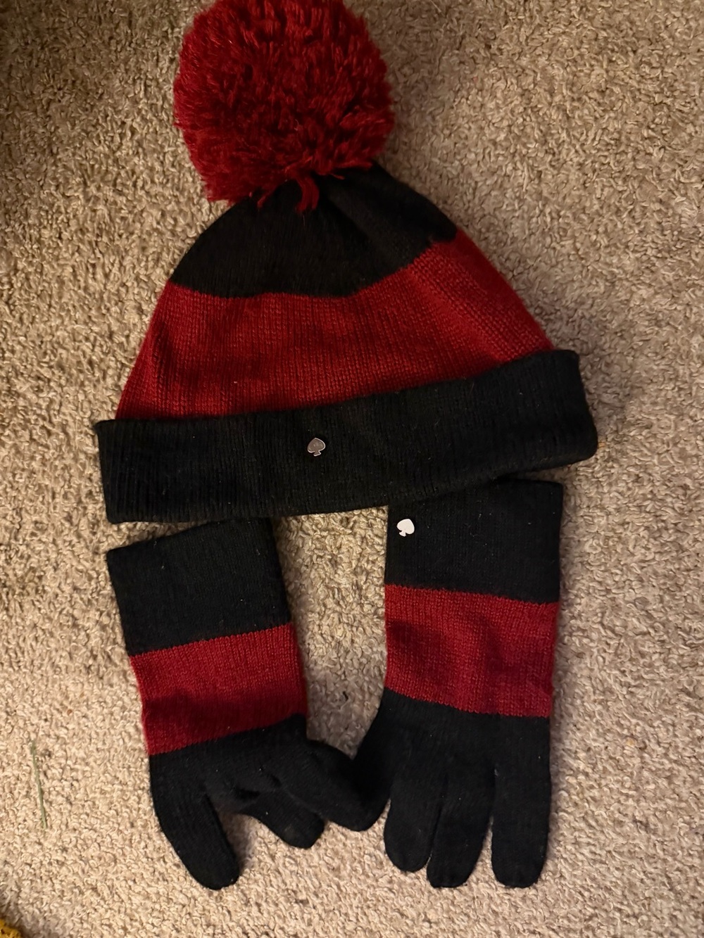 Kate Spade Black & Red Pom Pom Hat & Gloves 2-Piece Winter Set Women's